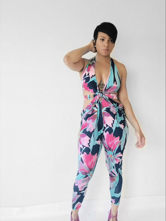 Flowers POPPIN Haltered Open Waist Jumpsuit