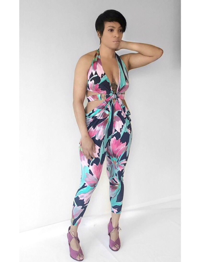 Flowers POPPIN Haltered Open Waist Jumpsuit