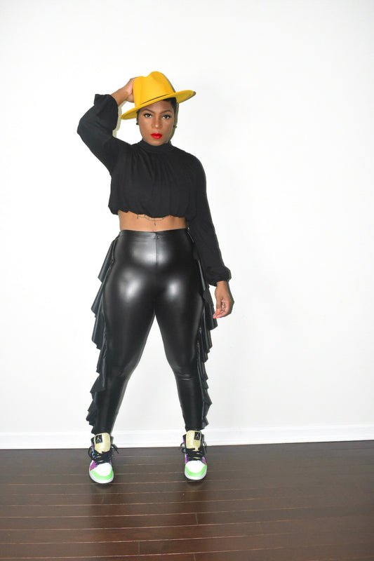 POPPIN High Neck and Ruffled Patent Pants Set