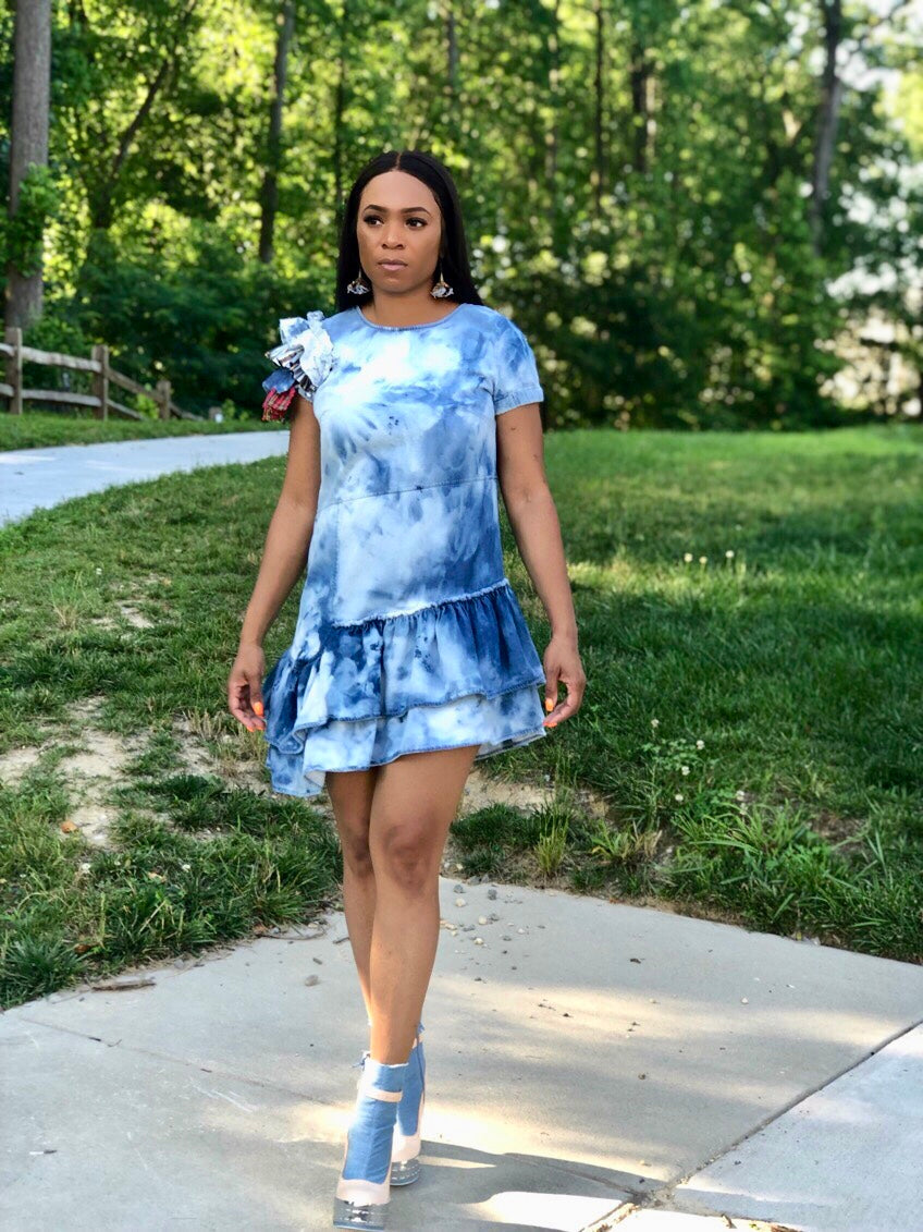 POPPIN Tie Dye Ruffled Denim Dress