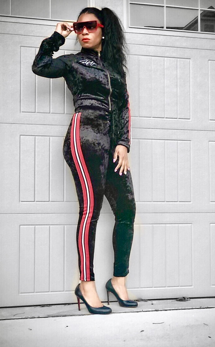 POPPIN Black Striped Velour Sweatsuit
