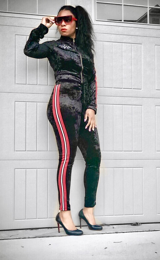 POPPIN Black Striped Velour Sweatsuit
