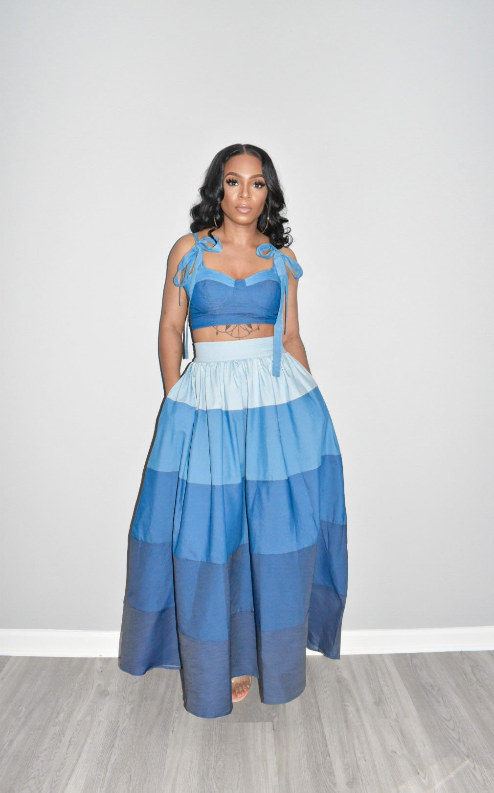 Denim Top Tier Skirt Set