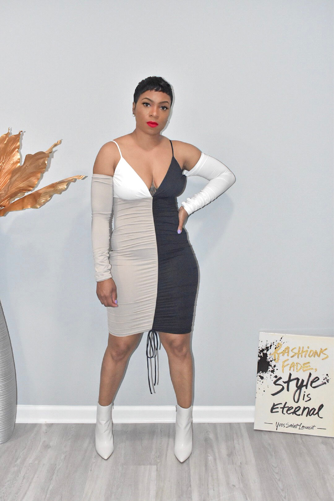 Color Block Cold Shoulder Fitted Dress