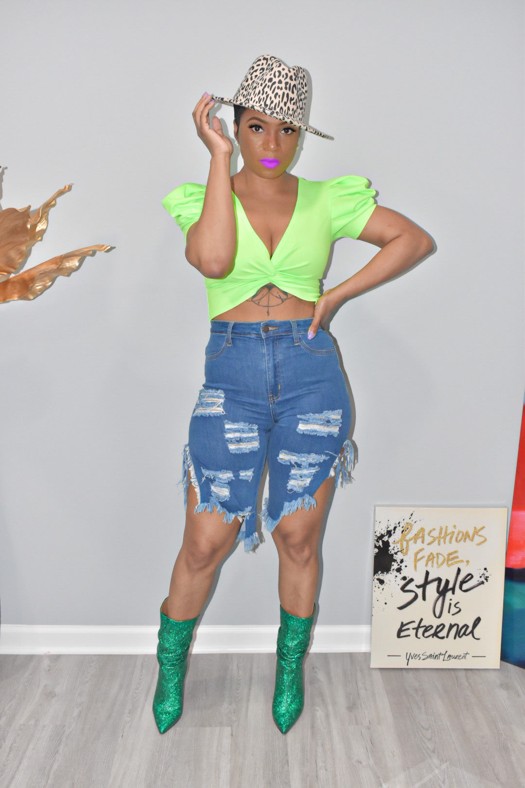 High Waisted Distressed Mid Dark Denim Shorts