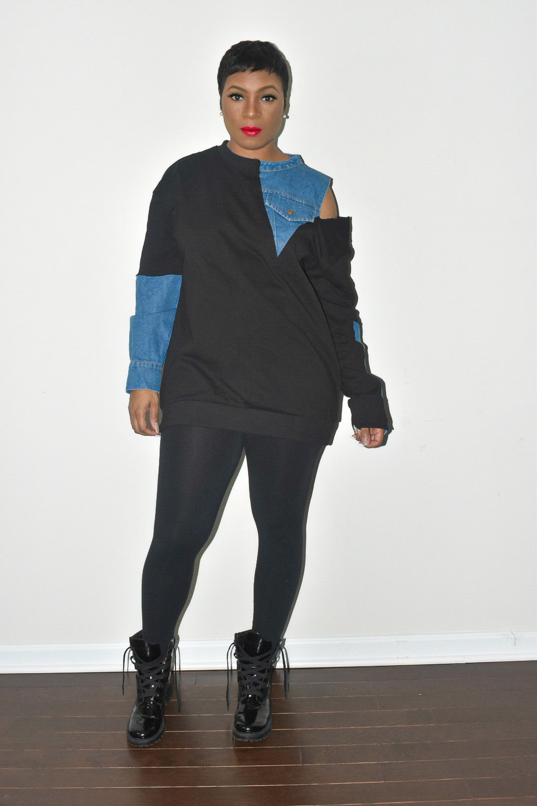 Black on Denim Open Armed Crewneck
