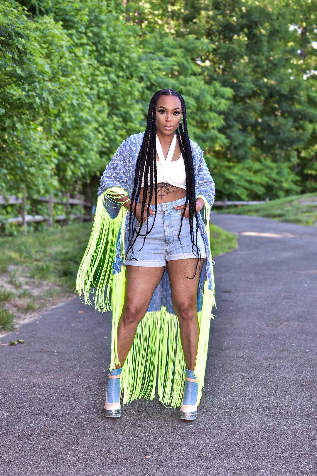 Nori Distressed Denim and Tassel Cardigan