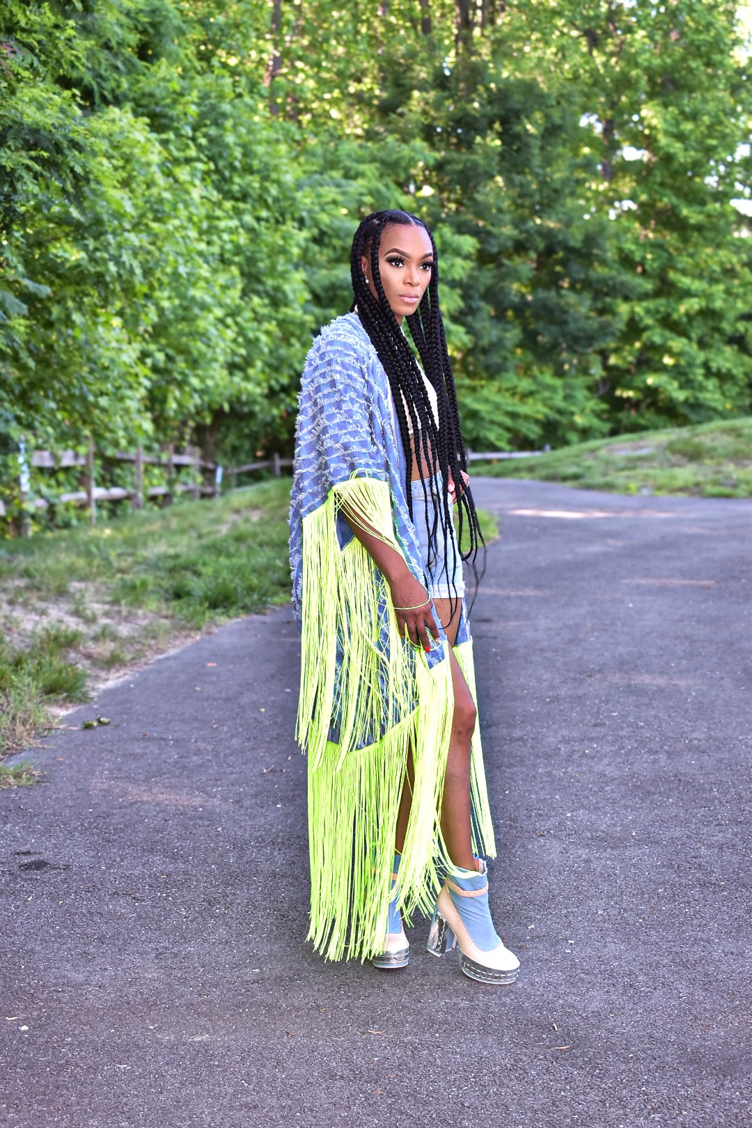 Nori Distressed Denim and Tassel Cardigan