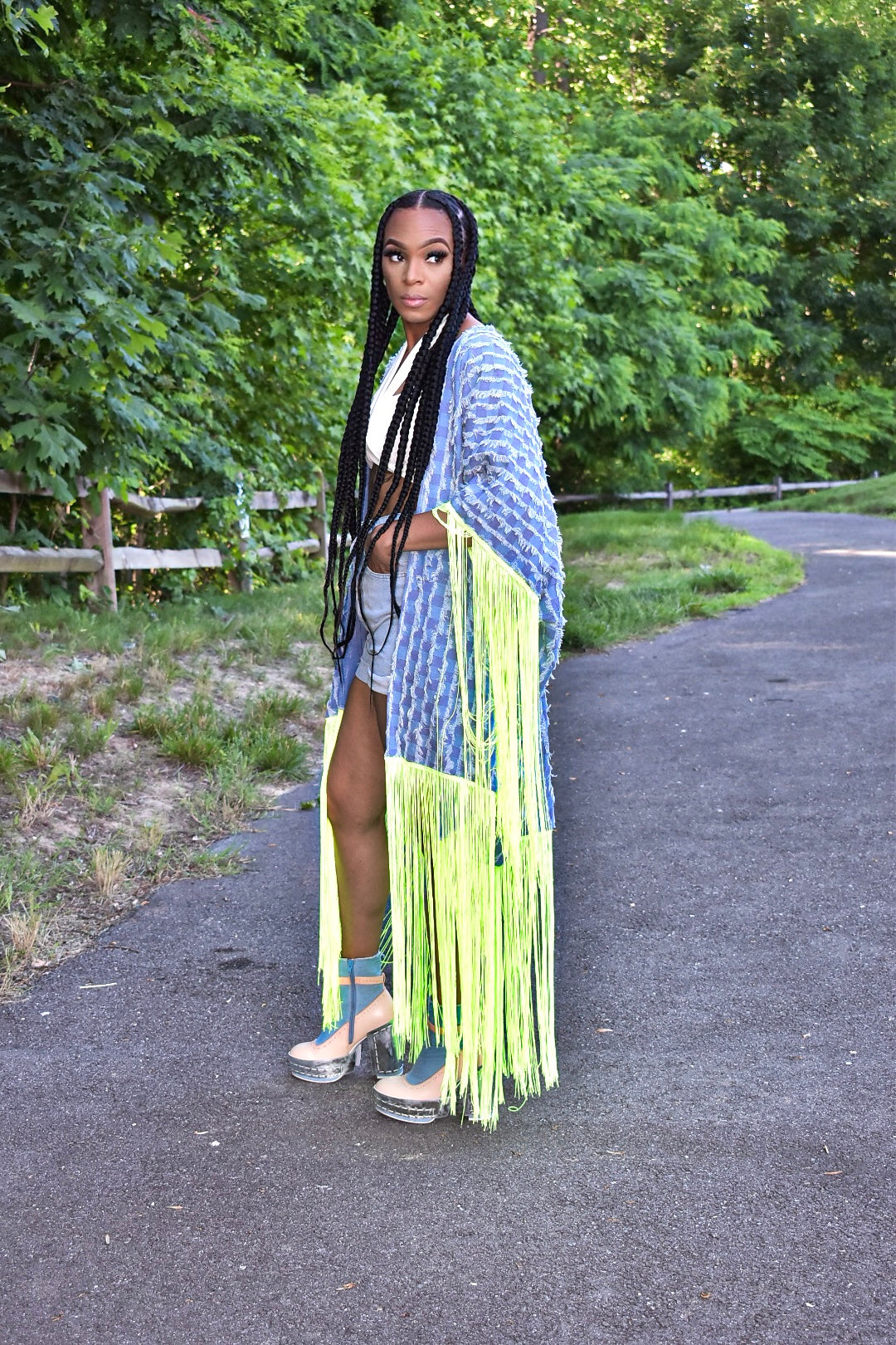 Nori Distressed Denim and Tassel Cardigan