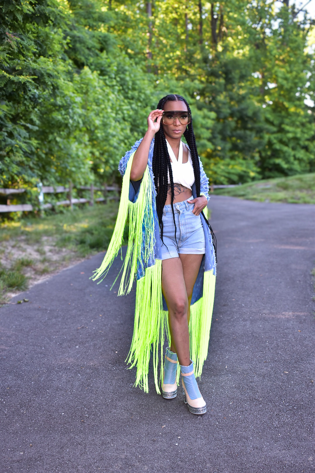 Nori Distressed Denim and Tassel Cardigan