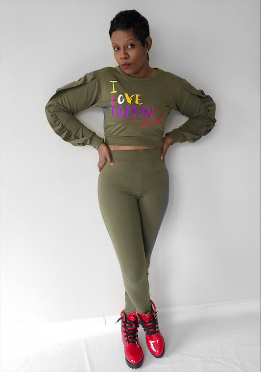 I LOVE POPPIN Chic Green Jogger Set with Ruffled Sleeves