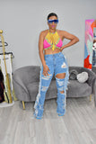 Denim High Waisted Fringed and Distressed Jeans