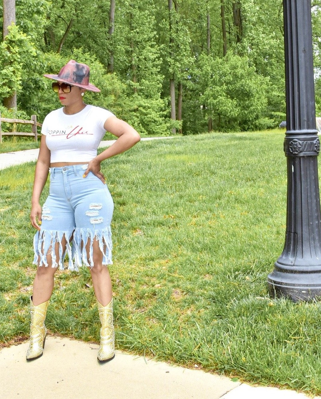 High Waisted Distressed Light Denim Fringed Shorts