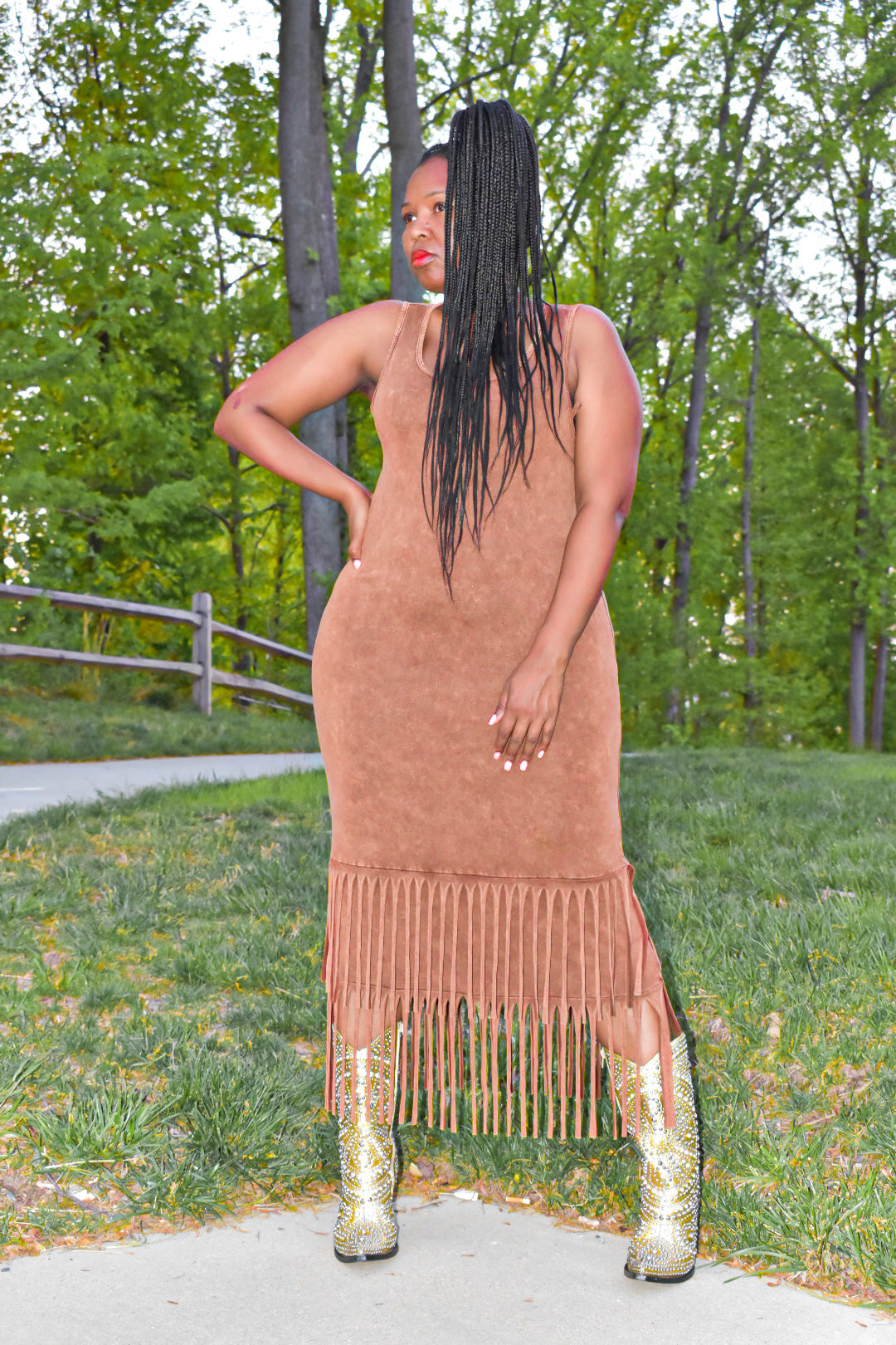 Camel Sleeveless Dress with Fringe