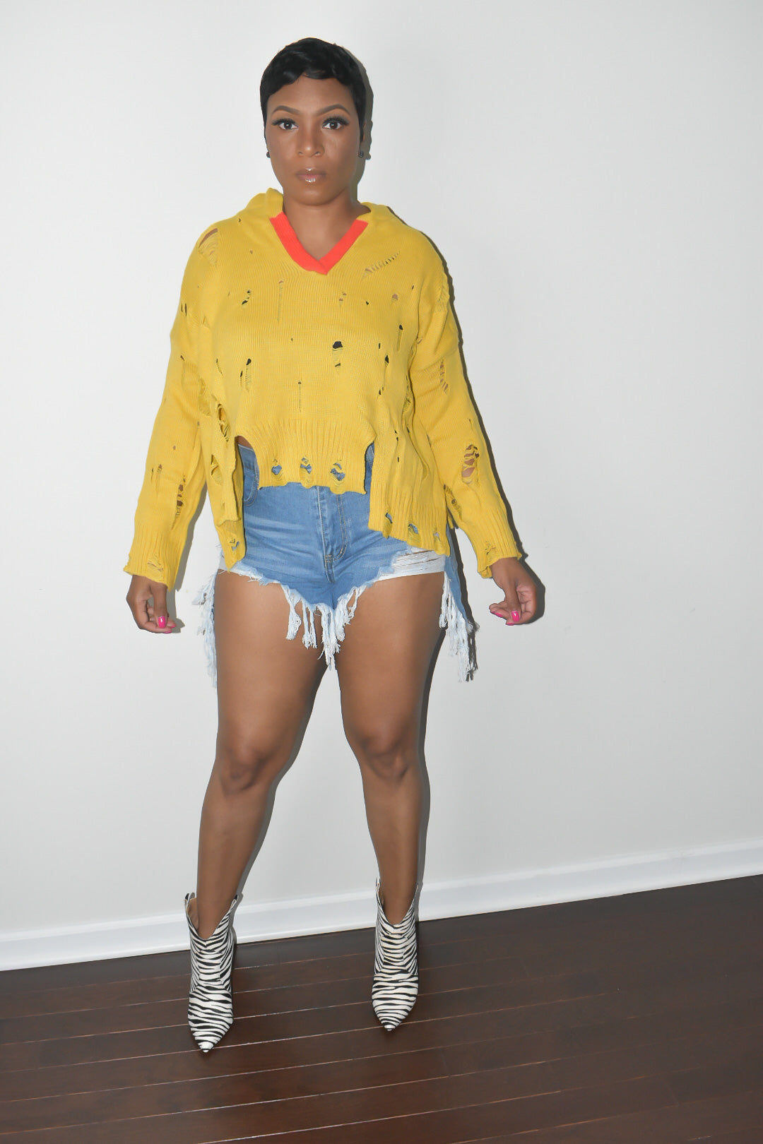 Mustard Distressed V-Neck Hoodie