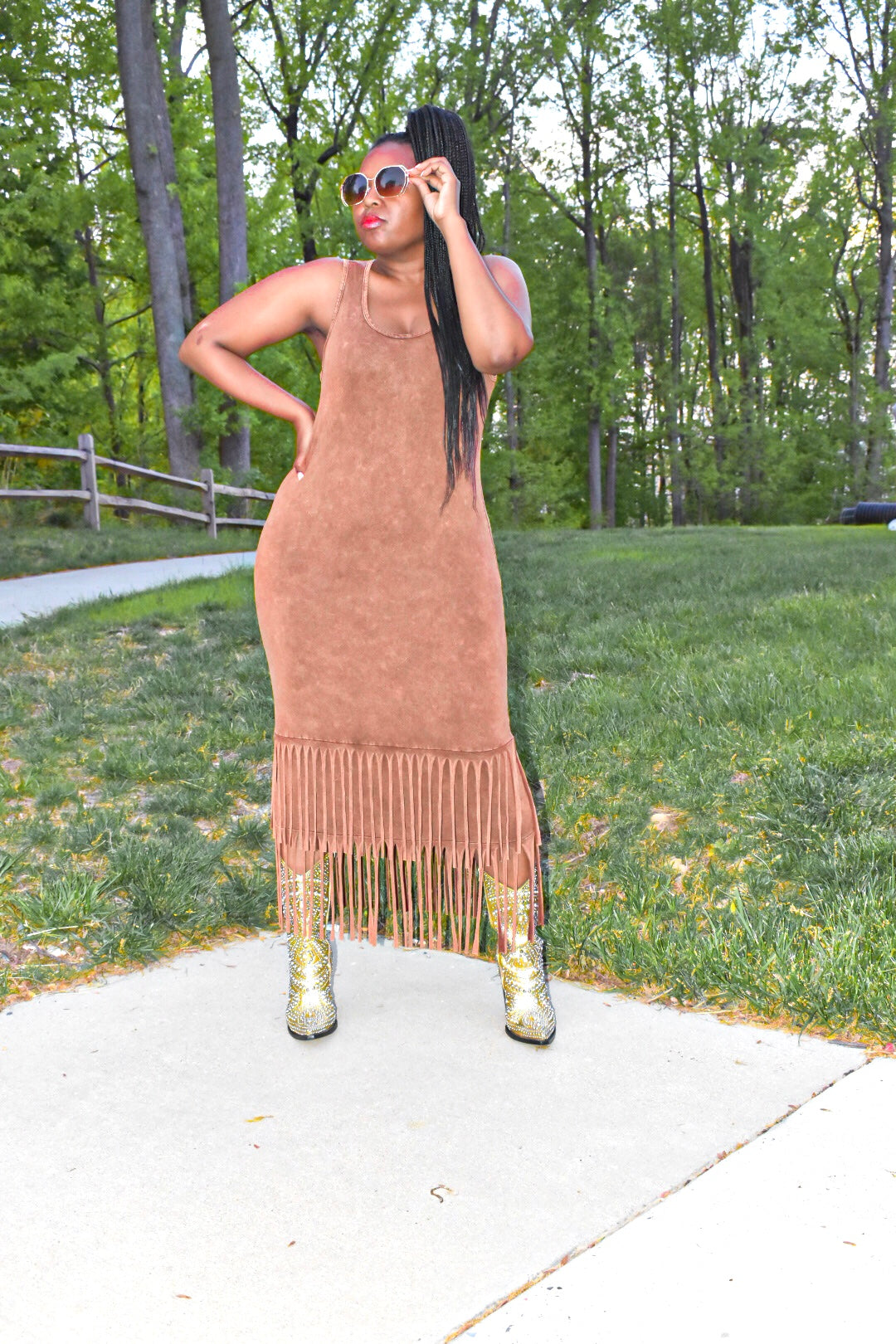 Camel Sleeveless Dress with Fringe