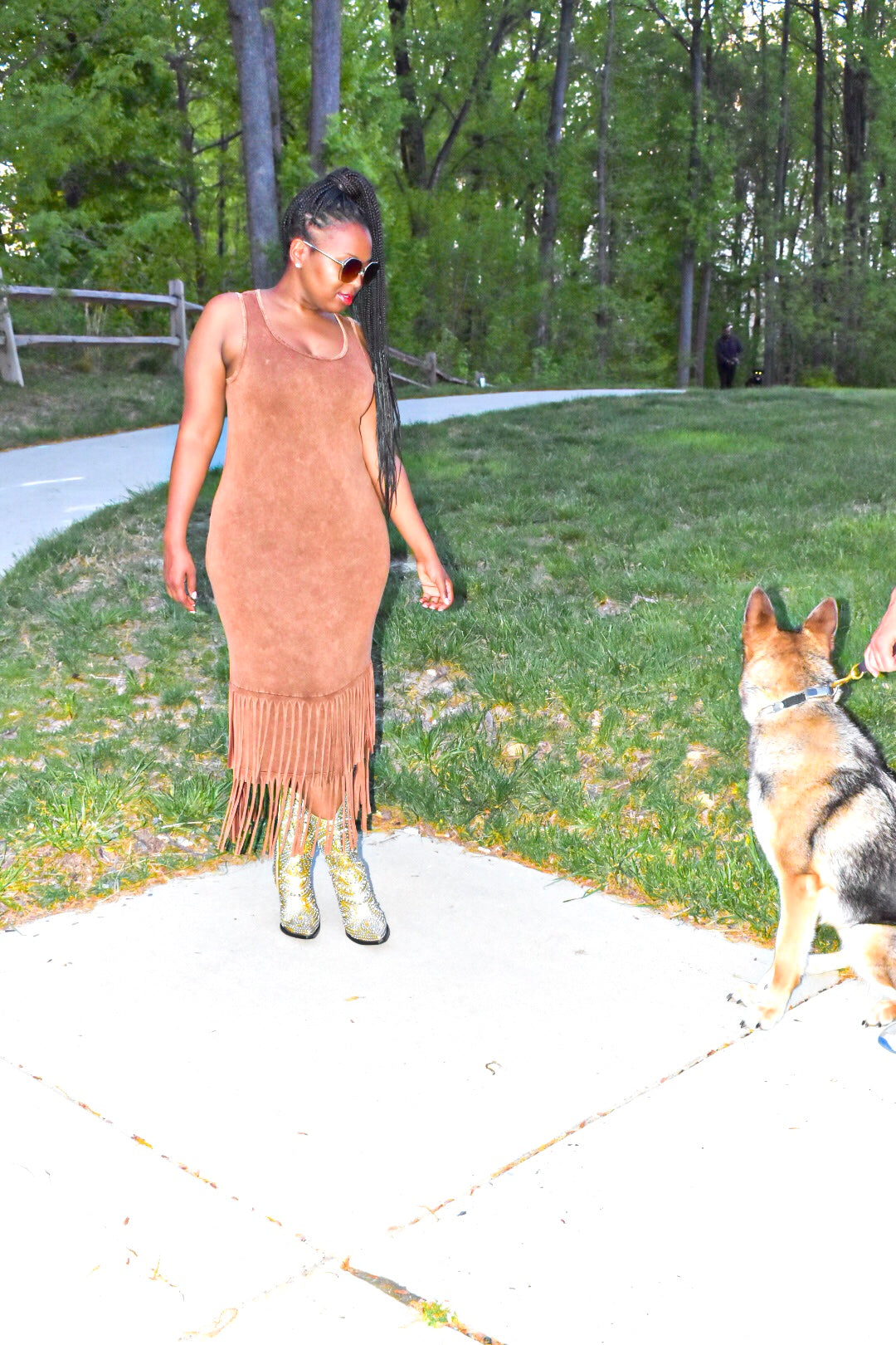 Camel Sleeveless Dress with Fringe