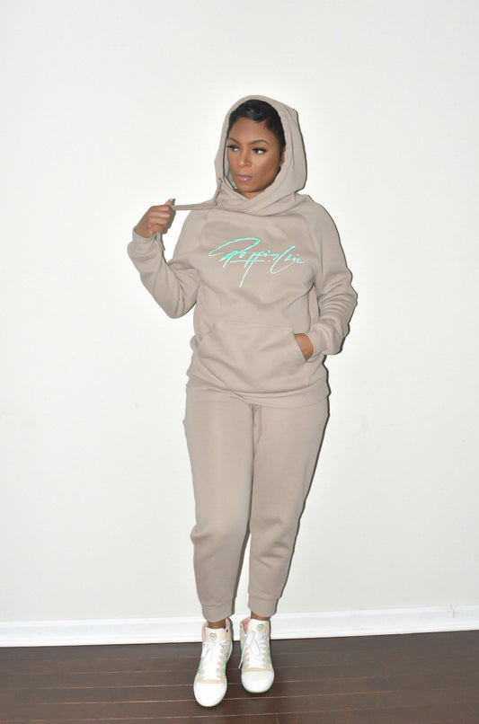 Khaki Side Tie Hooded Sweatsuit