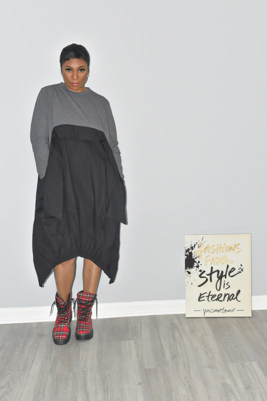 Pre-Order of the Irregular Black on Grey Loose Fit Long Sleeved Dress