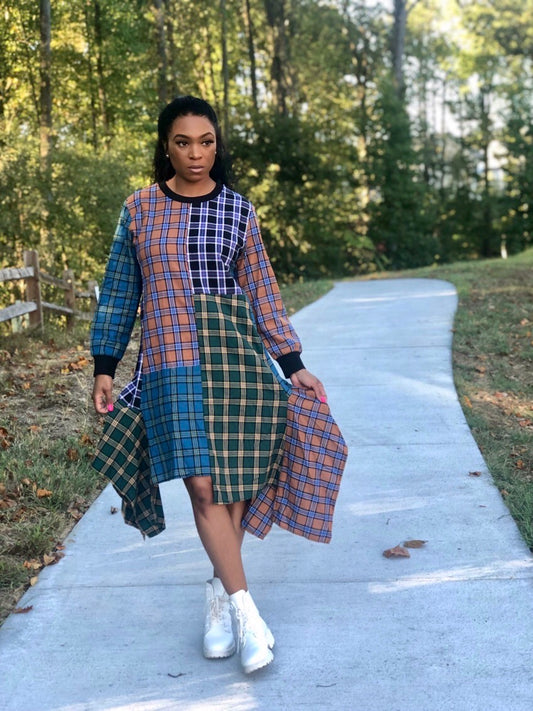 POPPIN Pattern in Plaid Asymmetric Dress