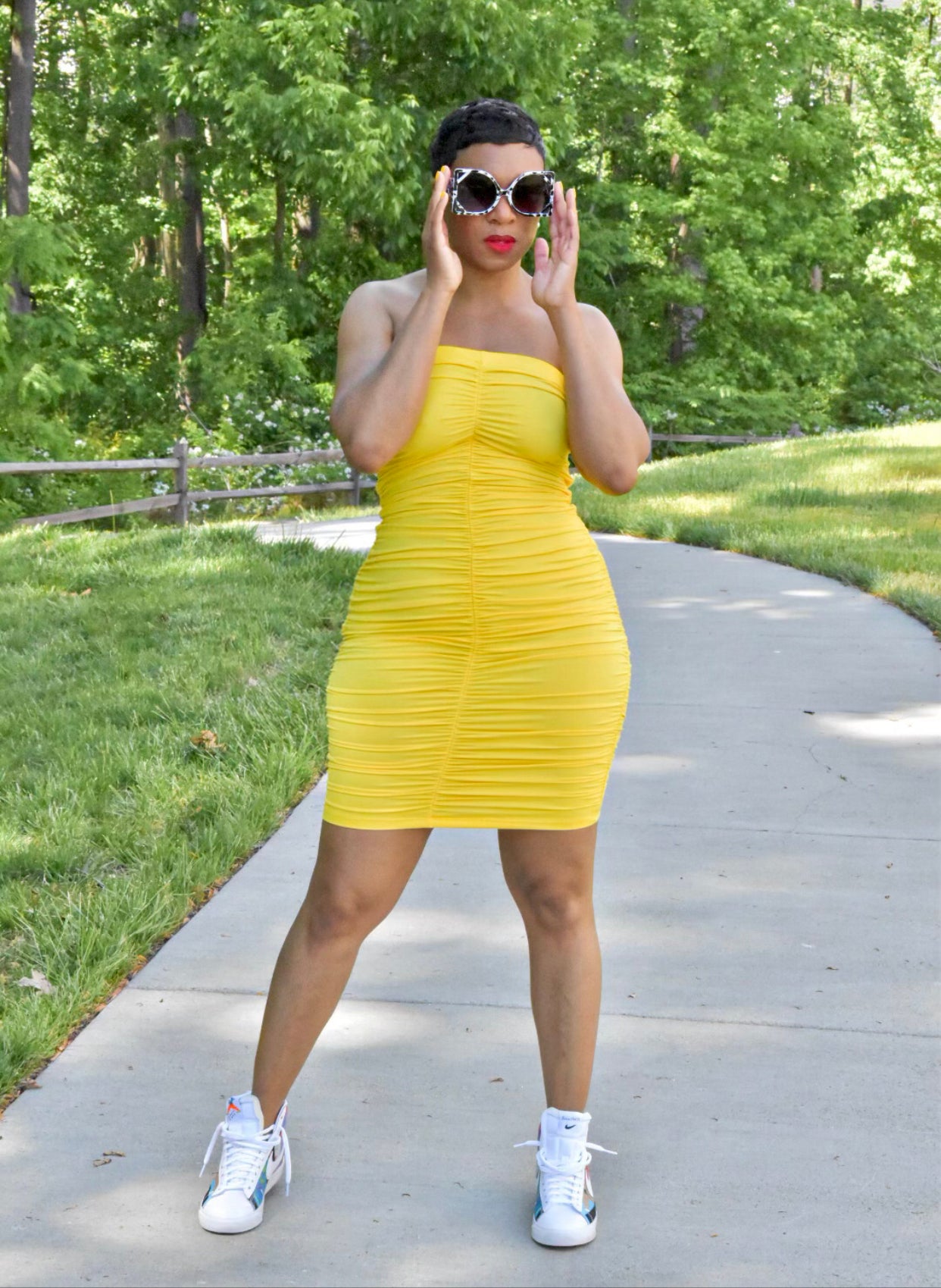 Yellow Ruched Bodycon Tube Dress