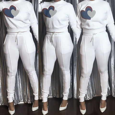 "I Make the Statement" White Patched Heart Jogger Set