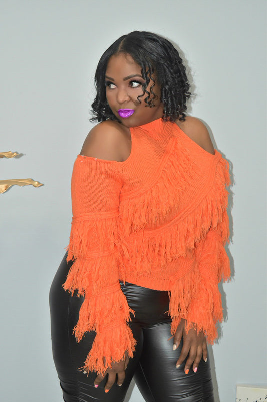 Orange Open Shoulder Tassel Sweater