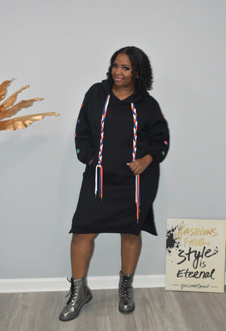 Buttons and Strings Black Hooded Sweat Dress