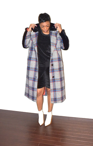 POPPIN in Plaid Tweed Coat with Fur Accent