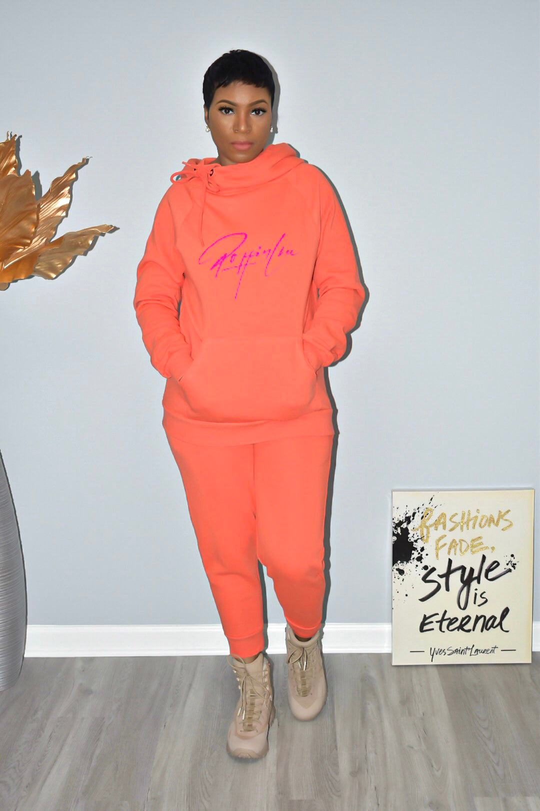 Tangerine Side Tie Hooded Sweatsuit