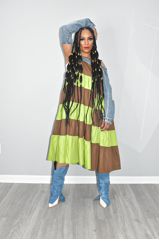 Kay Coffee Lime Stripe Overall Dress