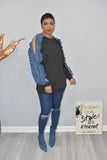 Pre-Order of the Black Crewneck with Denim Ruffled Sleeves
