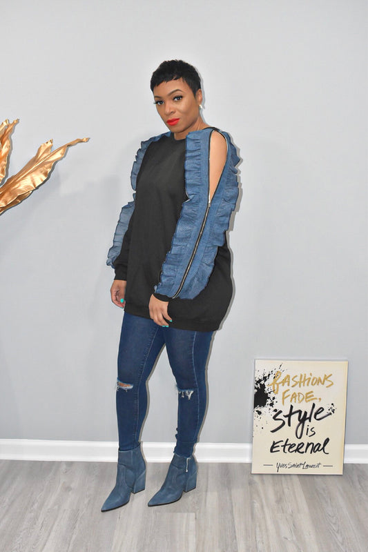 Pre-Order of the Black Crewneck with Denim Ruffled Sleeves