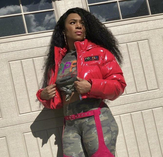 POPPIN Red Vinyl Cropped Puffer Coat