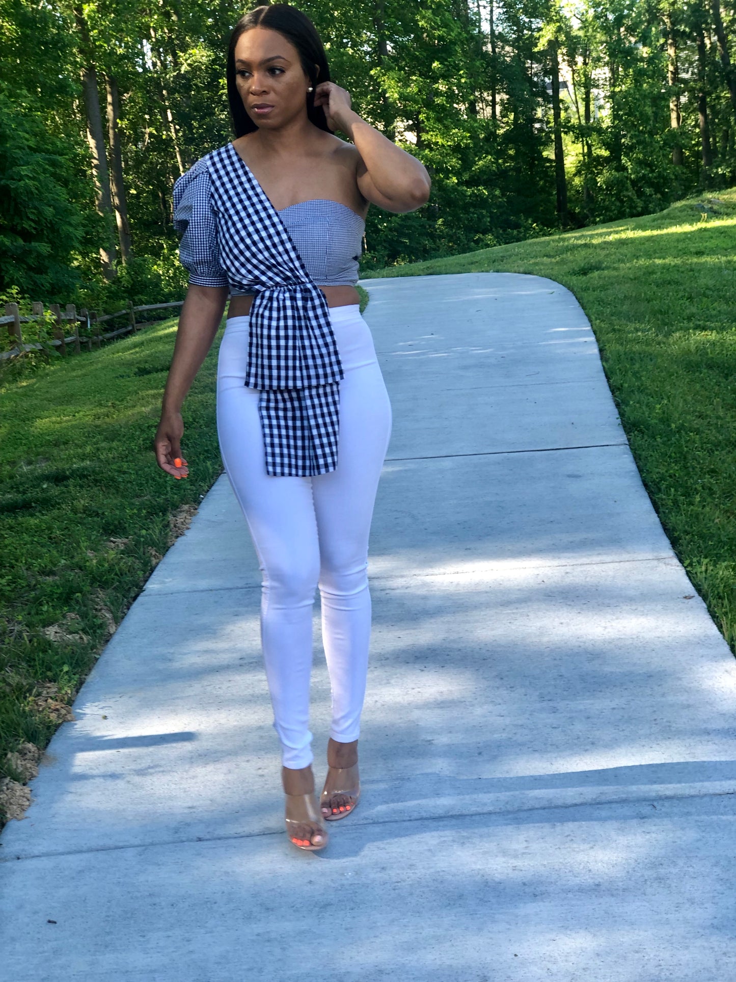 Gingham One Shoulder Crop