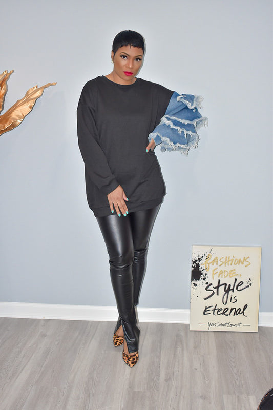 One Armed Ruffled Denim Crewneck