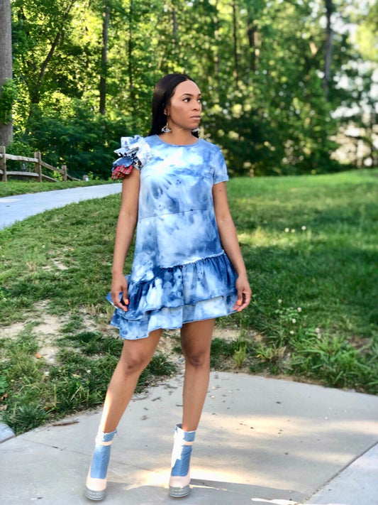 POPPIN Tie Dye Ruffled Denim Dress