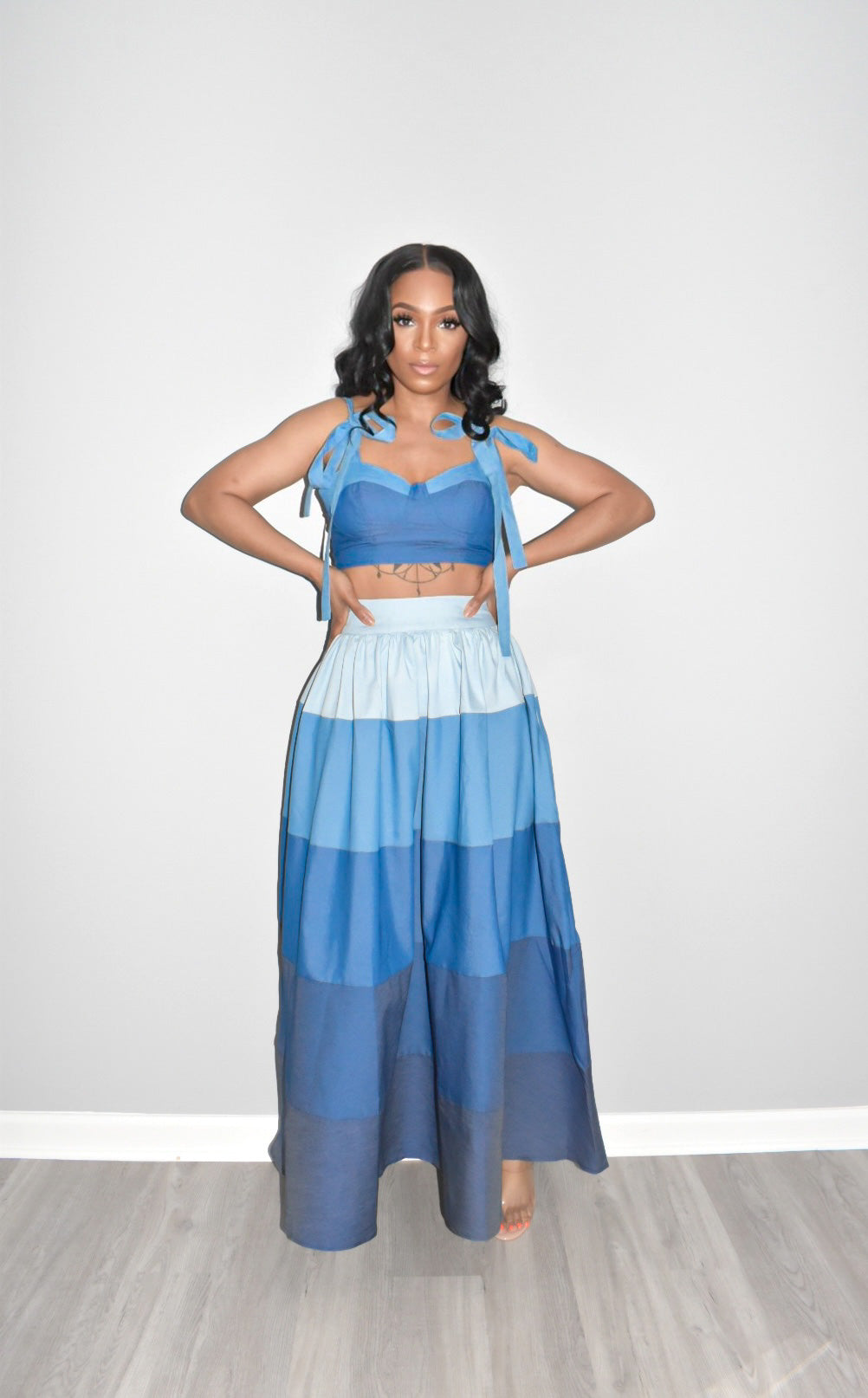 Denim Top Tier Skirt Set