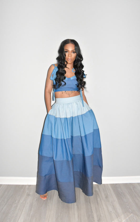 Denim Top Tier Skirt Set