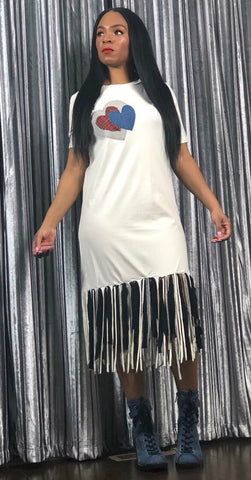 Custom Patched Heart T-shirt Dress with Fringe