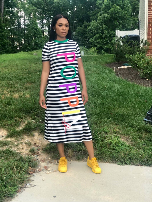 POPPIN Stripped Short Sleeve Maxi Dress