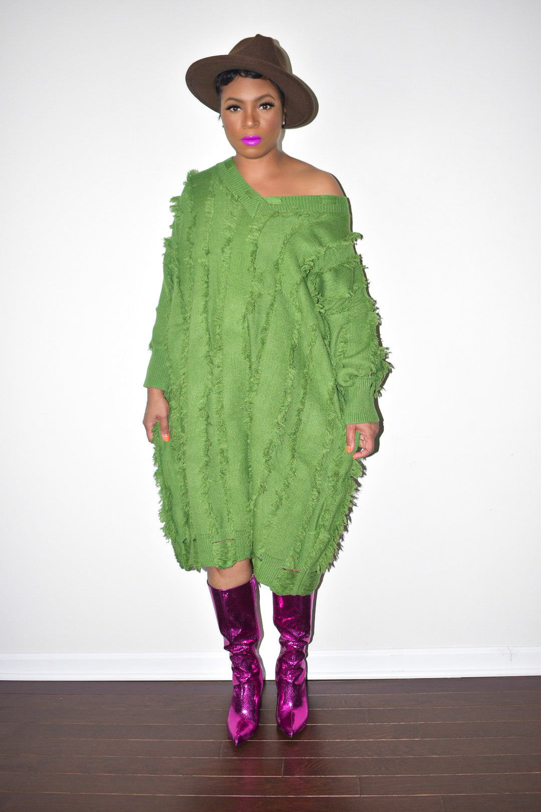 Green Knitted V Dress