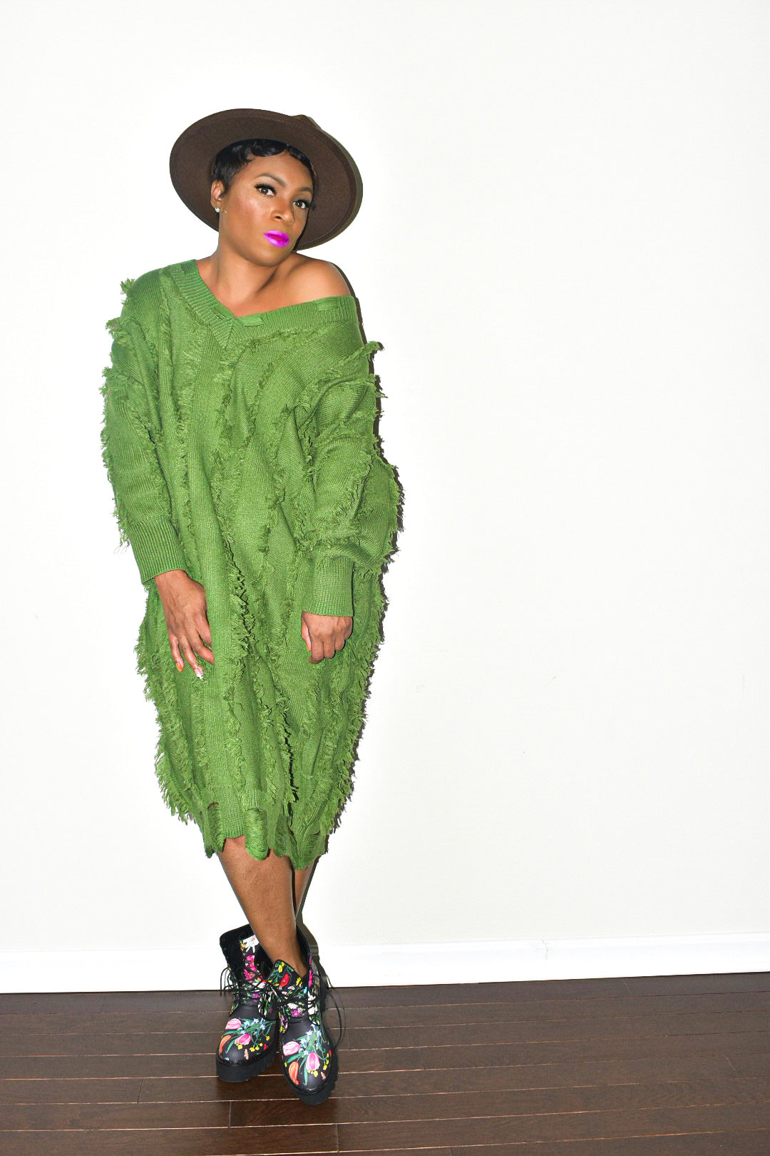 Green Knitted V Dress