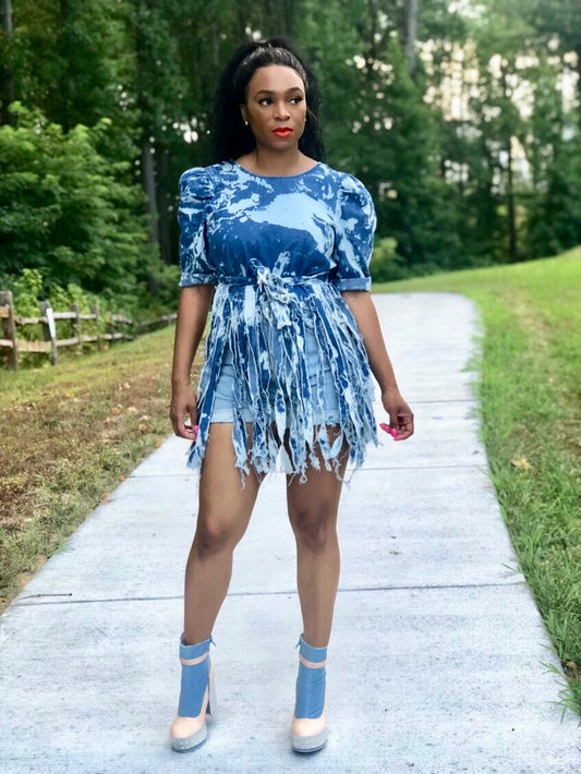 Medium Denim POPPIN Fringe Jean Top