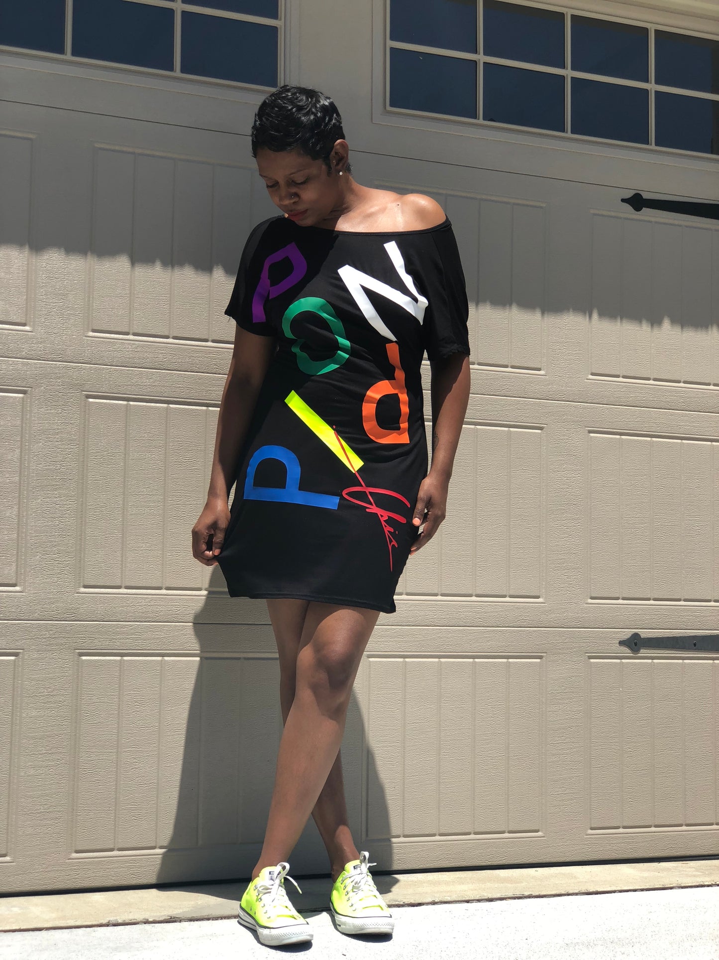 Rainbow POPPIN Chic T-shirt Dress with Open Back