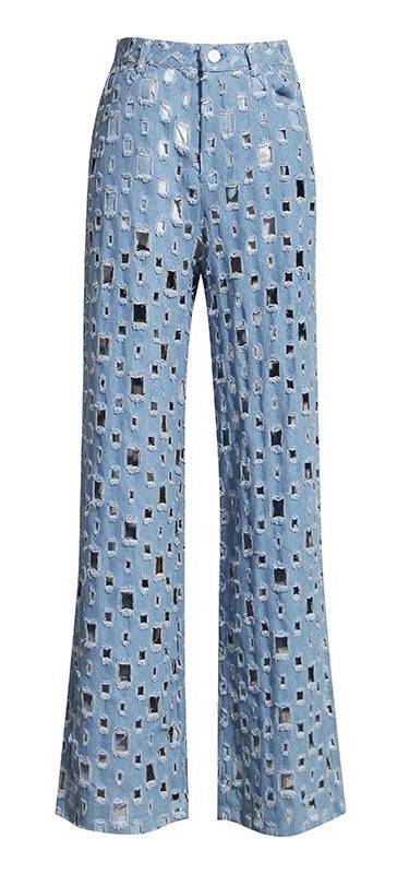 Cut Out Wide Leg Denim Jeans