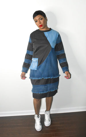 Denim Patchwork Pullover Dress